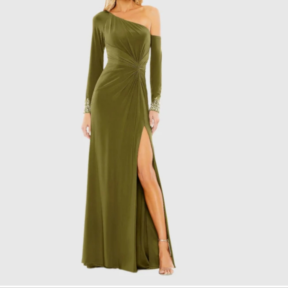 MAC DUGGAL Olive Green Side Twist Drop Shoulder Beaded Gown 12489